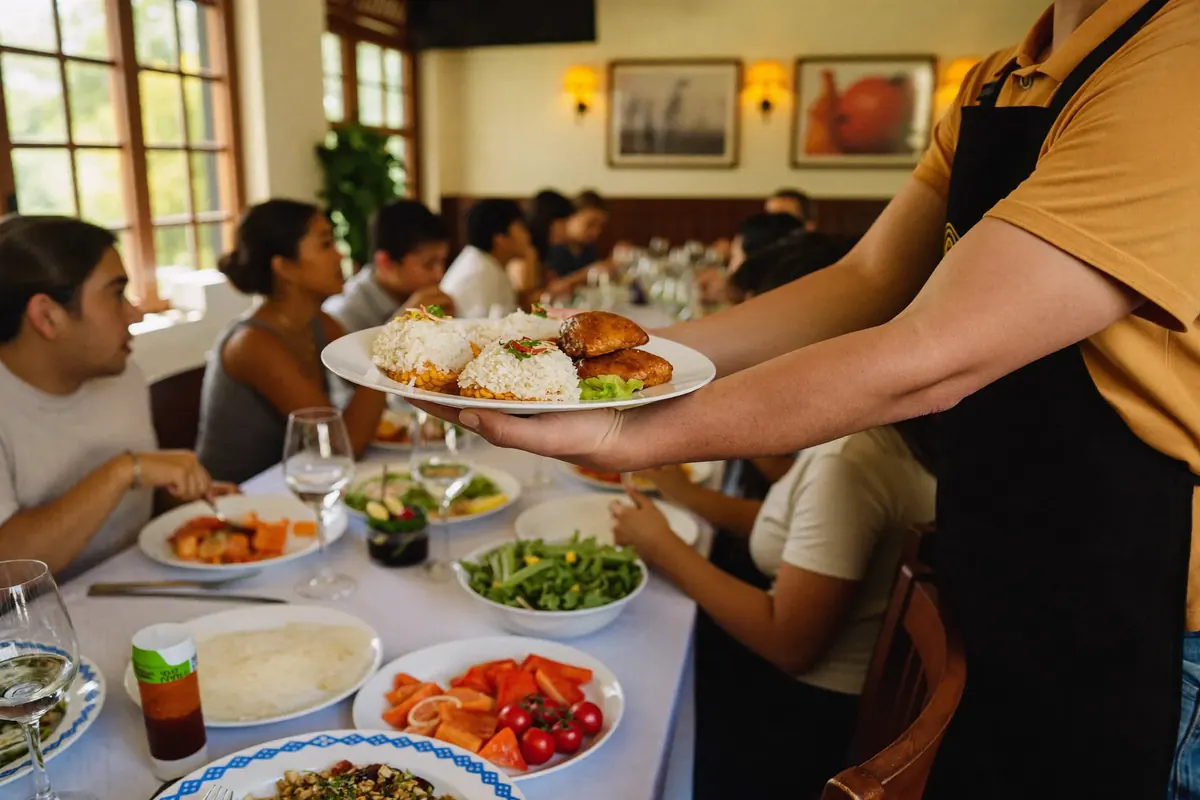 Mozo de un restaurante lleva los platos a una mesa de clientes